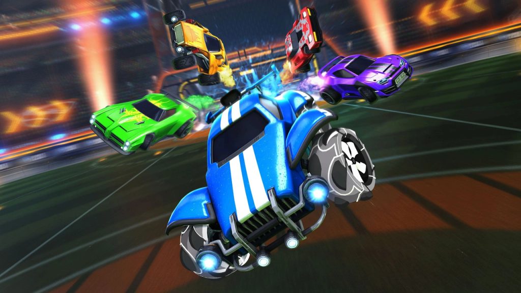 Cinq voitures colorées de Rocket League en plein vol dans un stade, prêtes à s'affronter, avec des effets lumineux et des détails dynamiques.
